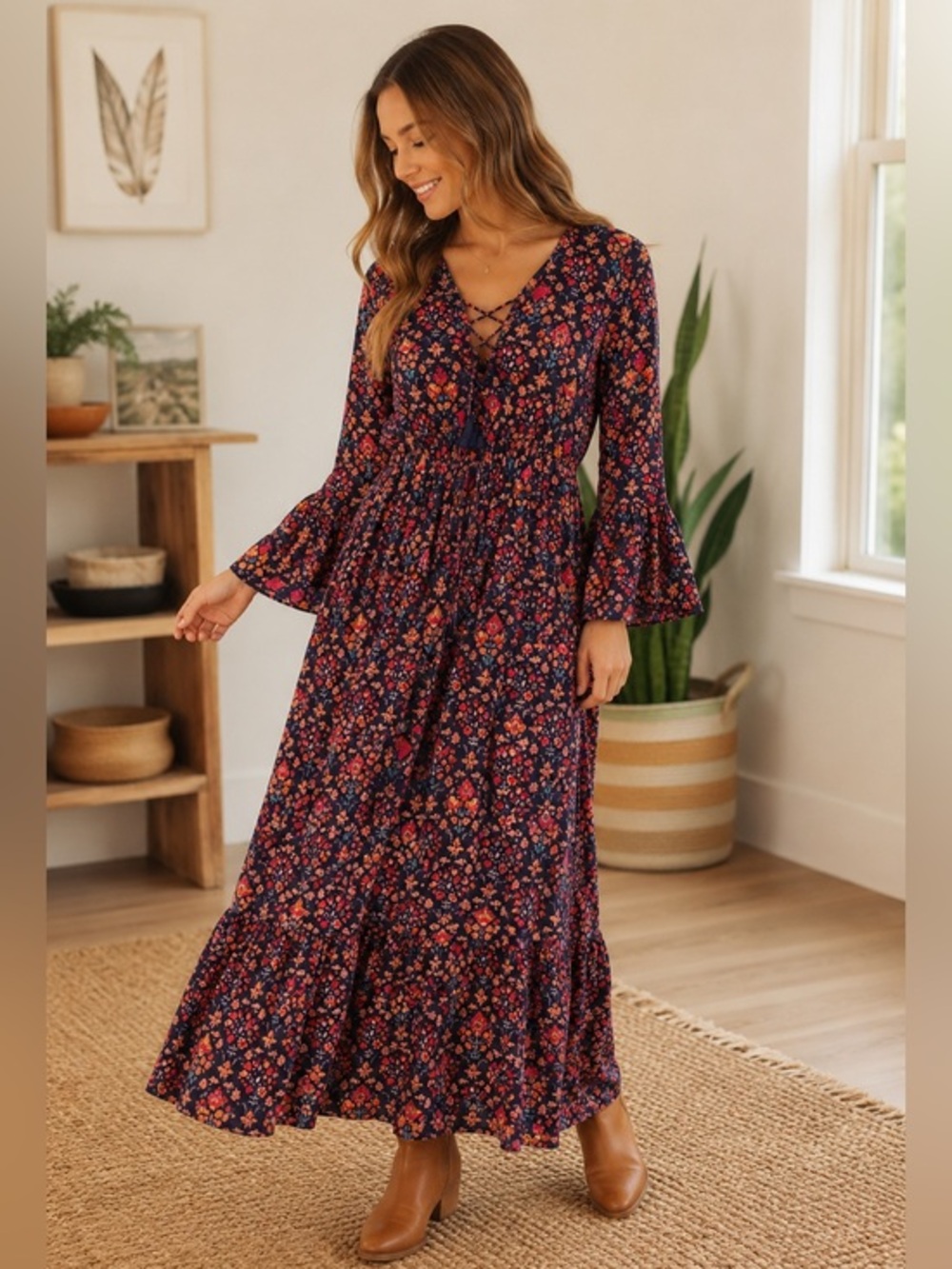 Boemo Anthropologie Bohemian Lace-up V-Neck Tiered Maxi Dress Small Bell Sleeve